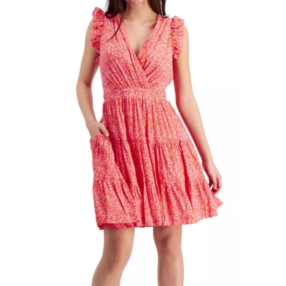 Rachel Zoe Floral Flutter Sleeve A-Line Dress in Pink and Orange Size 8